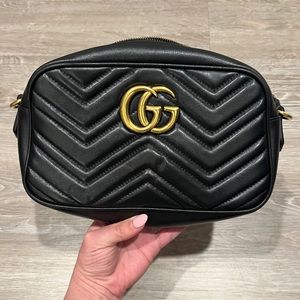 Authentic Gucci GG Marmont Matelassé Small Bag Black Leather Crossbody Handbag.